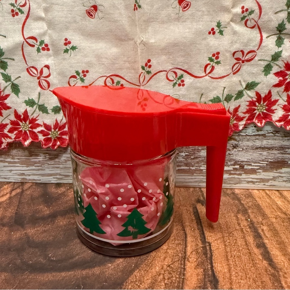 Vintage Gemco Creamer with Snow Christmas Trees glass bottom, red plastic lid